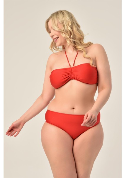 Kadın Büyük Beden Kırmızı Straplez Boyundan Bağlı Bikini Takımı modelleri