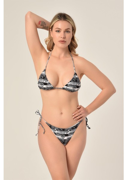 Aquaviva Kadın Siyah Beyaz Yaprak Desen Üçgen Slip Büzgülü Brazılıan Bikini Takımı