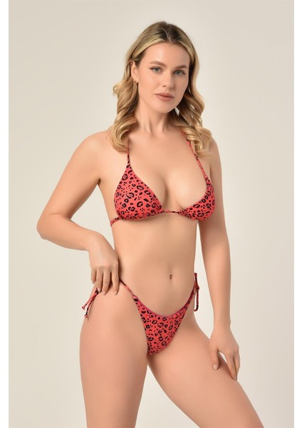 Aquaviva Kadın Pembe Siyah Benek Desen Üçgen Slip Büzgülü Brazılıan Bikini Takımı