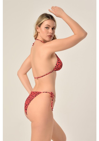 Aquaviva Kadın Pembe Siyah Benek Desen Üçgen Slip Büzgülü Brazılıan Bikini Takımı fırsatları