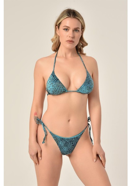 Aquaviva Kadın Mavi Yılan Desen Üçgen Slip Büzgülü Brazılıan Bikini Takımı