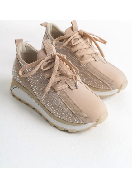 Alya Bağcıklı Ortopedik Taban Taşlı Kadın Sneaker Spor Ayakkabı Bt - Krem