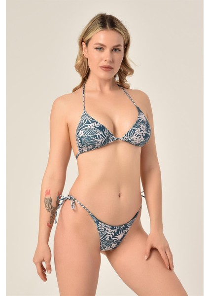 Aquaviva Kadın Gri Pembe Çiçek Desen Üçgen Slip Büzgülü Brazılıan Bikini Takımı modelleri