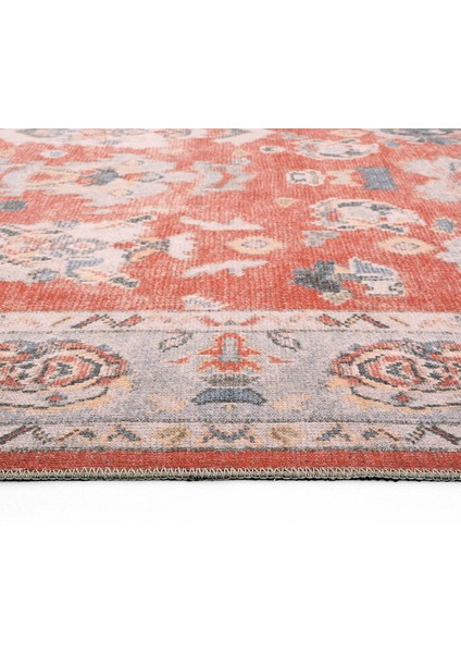 Private Kırmızı Eskitme Vintage Etnik Desen Otantik Dokuma Şönil Yıkanabilir Salon Halısı
