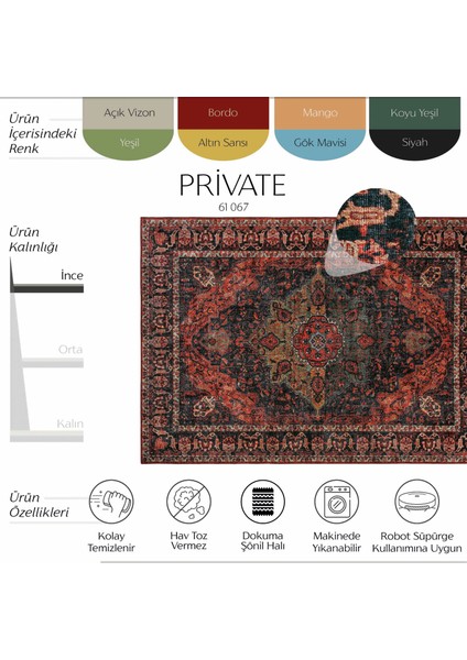 Private Bordo Etnik Desen Otantik Dokuma Şönil Yıkanabilir Eskitme Vintage Göbekli Salon Halısı