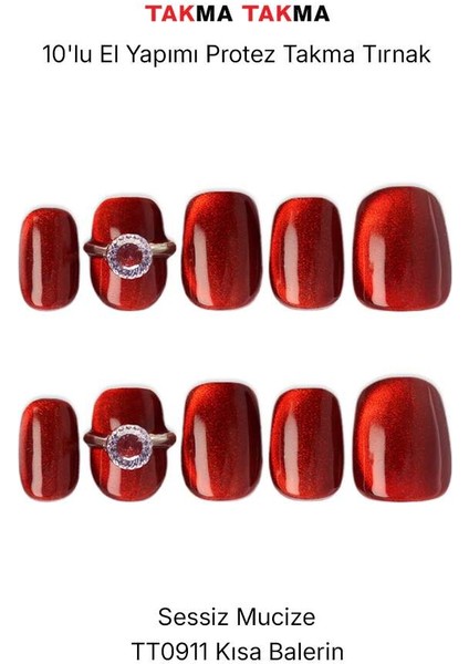 10'lu Kırmızı Kısa Balerin TT0911 Tekrar Kullanılabilir El Yapımı Protez Takma Tırnak - Kırmızı-XS indirimleri