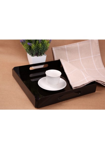 Tutma Saplı Siyah Pleksi Tepsi 25X25 cm Servis, Kahve, Çay, Sunum ve Hediyelik Tepsi 3mm