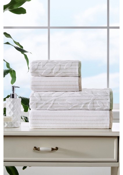 Leaf Stripe Kadife Havlu Seti Bej-Yeşil