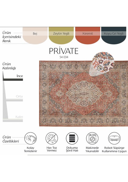 Private Kiremit Etnik Desenli Otantik Şönil Yıkanabilir Eskitme Vintage Göbekli Salon Halısı