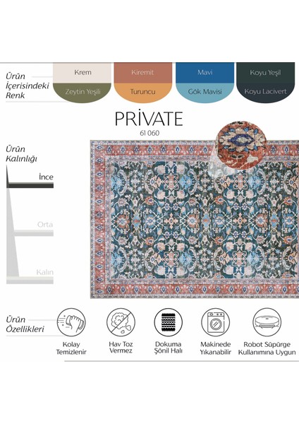 Private Lacivert Eskitme Vintage Etnik Desen Otantik Dokuma Şönil Yıkanabilir Salon Halısı
