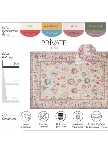 Private Krem Halı Etnik Desen Çiçekli Şönil Halı Yıkanabilir Eskitme Vintage Salon Halısı