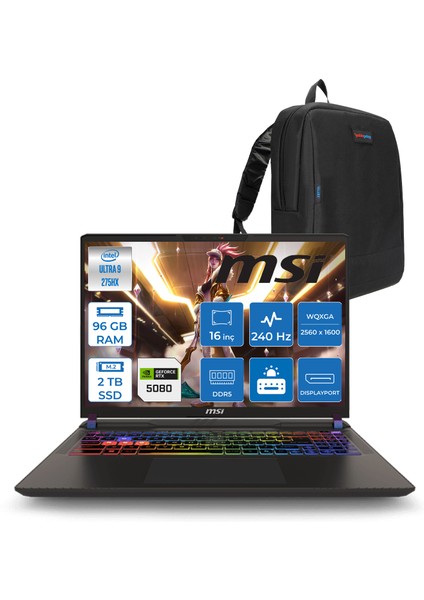 Vector 16 Hx Aı WA2XWIG-090XTR Ultra 9 275HX Aı 96 GB GB 2tb SSD 16 GB/RTX5080 Gddr7 175W 16" Qhd+ (2560X1600) 240HZ Freedos Taşınabilir Bilgisayar WA2XWIG090XTRF37+ZETTAÇANTA