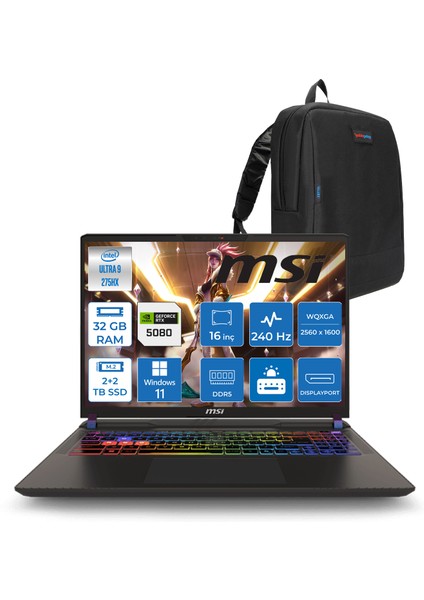 Vector 16 Hx Aı WA2XWIG-090XTR Ultra 9 275HX Aı 32 GB GB 2tb Ssd+2tb SSD 16 GB/RTX5080 Gddr7 175W 16" Qhd+ (2560X1600) 240HZ WIN11PRO Taşınabilir Bilgisayar WA2XWIG090XTRW14+ZETTAÇANTA
