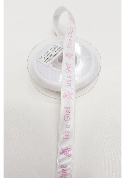 Beyaz Renk Pembe Yazılı Grogren Kurdele Bebek Temalı 1,5 cm