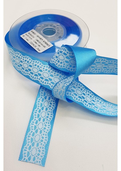 Mavi Dantel Desen Baskılı Grogren Kurdele 2,5cm