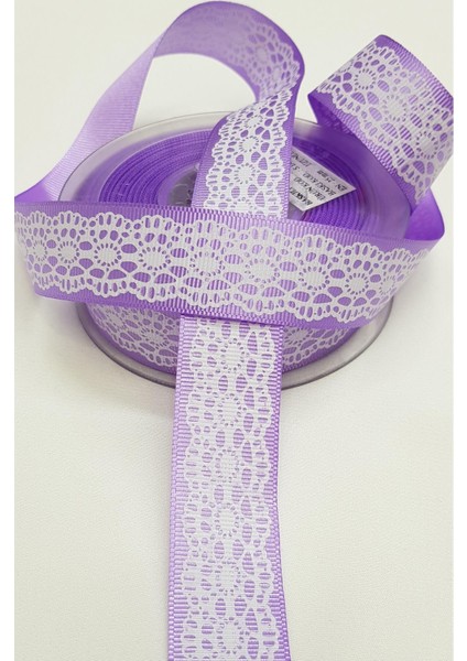 Lila Dantel Desen Baskılı Grogren Kurdele 2,5cm