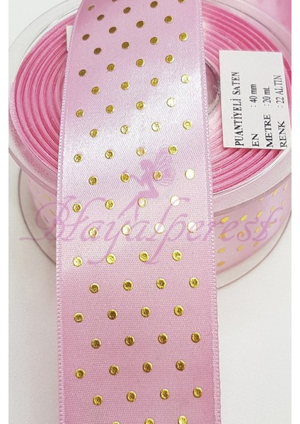 Pembe Gold Puantiyeli Baskı Saten Kurdele 4cm