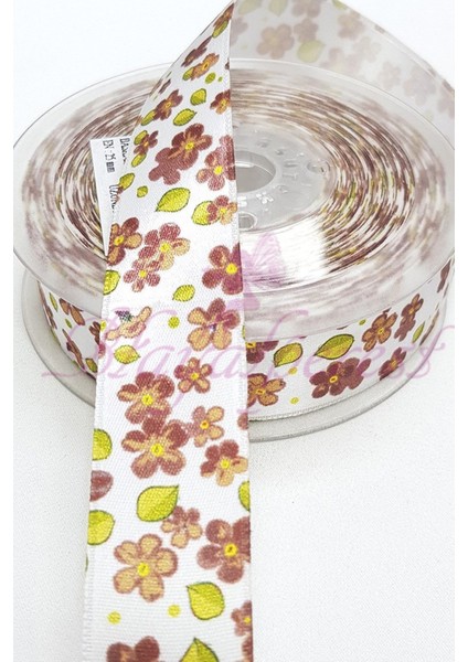 Kahveli Çiçek Baskılı Saten Kurdele 2,5Cm