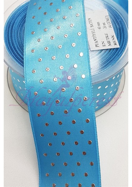 Turkuaz Gümüş Puantiyeli Saten Kurdele 4cm