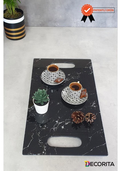 Cam Tepsi | Siyah Mermer | 29CM x 52CM