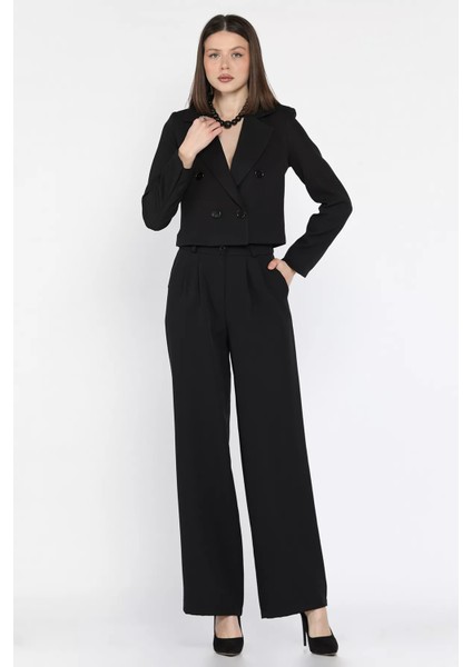Kadın Dört Düğmeli Blazer Ceket Palazzo Pantolon Ikili Takım P-00016148