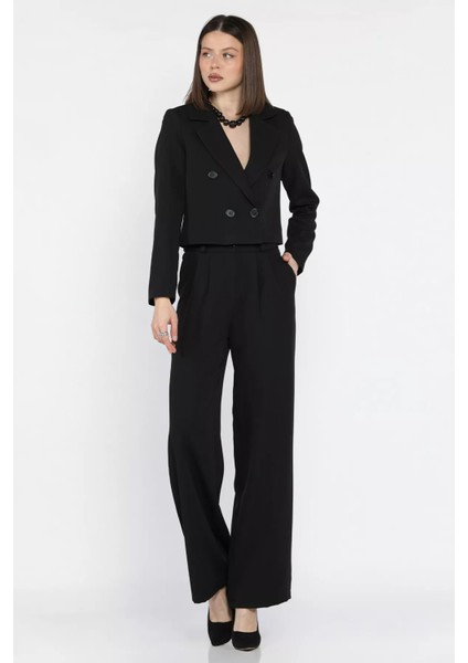 Kadın Dört Düğmeli Blazer Ceket Palazzo Pantolon Ikili Takım P-00016148