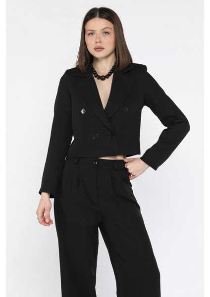 Kadın Dört Düğmeli Blazer Ceket Palazzo Pantolon Ikili Takım P-00016148