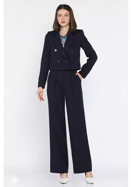 Kadın Dört Düğmeli Blazer Ceket Palazzo Pantolon Ikili Takım P-00016148