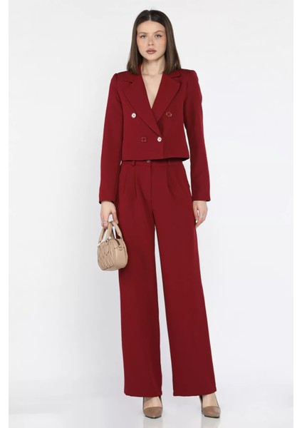 Kadın Dört Düğmeli Blazer Ceket Palazzo Pantolon Ikili Takım P-00016148