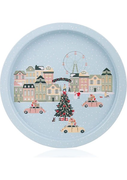 Mavi Yılbaşı Temalı Yuvarlak Tepsi 25 cm