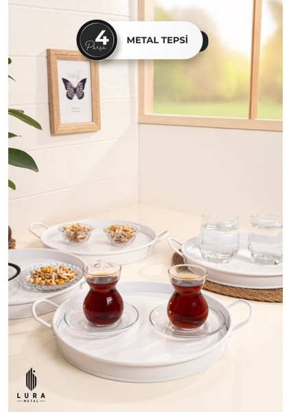 4'lü Beyaz Metal Çay ve Kahve Sunum Tepsisi Seti - 25 cm Şık ve Dayanıklı Tasarım
