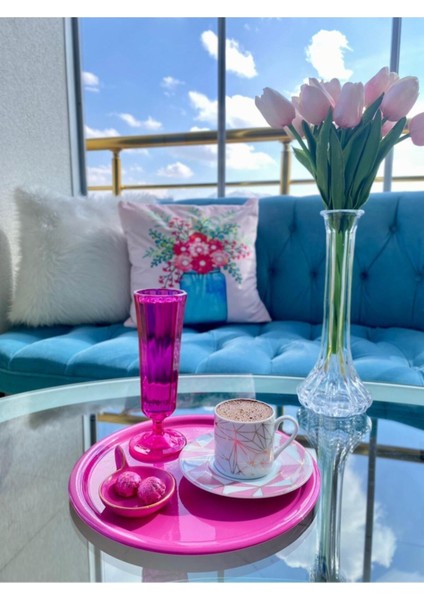 2'li Metal Pembe Tek Kişilik Dekoratif Çay, Kahve ve Pasta Servisi Sunum Tepsisi 23 cm