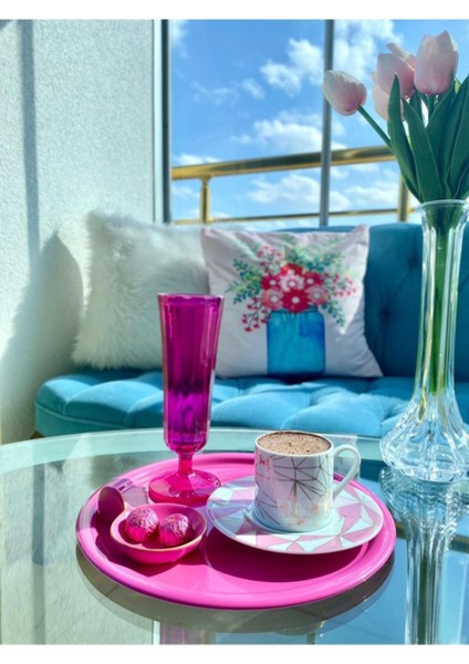 2'li Metal Pembe Tek Kişilik Dekoratif Çay, Kahve ve Pasta Servisi Sunum Tepsisi 23 cm