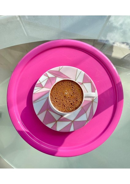 2'li Metal Pembe Tek Kişilik Dekoratif Çay, Kahve ve Pasta Servisi Sunum Tepsisi 23 cm