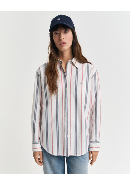 Kadın Krem Relaxed Fit Klasik Yaka Çizgili Gömlek 4300513.113 fırsatları