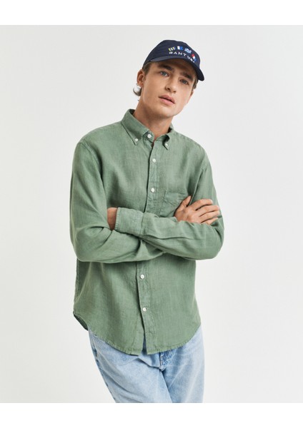 Erkek Yeşil Regular Fit Düğmeli Yaka Keten Gömlek 3240120.362