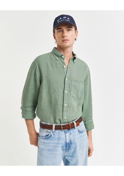 Erkek Yeşil Regular Fit Düğmeli Yaka Keten Gömlek 3240120.362 fiyatları