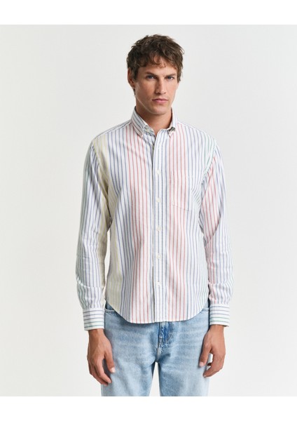 Erkek Renkli Regular Fit Düğmeli Yaka Çizgili Gömlek 3250054.105