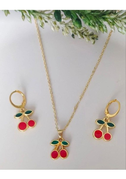 2li Takı Seti Küpe Kolye Kiraz Modeli