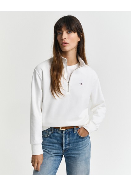 Kadın Beyaz Relaxed Fit Yarım Fermuarlı Sweatshirt 4200561.113