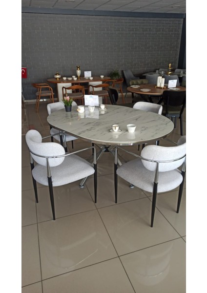 Arhor Serisi 100 x 100 cm Açılabilir Lak Panel Beyaz Mermer Desen Masa - Krom Ayak