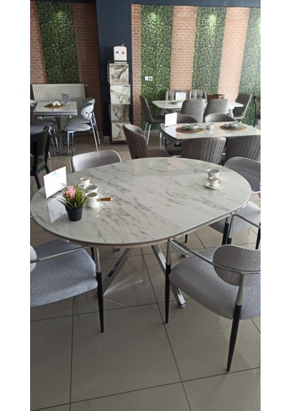 Arhor Serisi 100 x 100 cm Açılabilir Lak Panel Beyaz Mermer Desen Masa - Krom Ayak