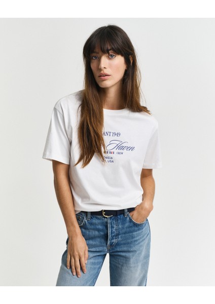Kadın Krem Relaxed Fit Bisiklet Yaka Logolu T-Shirt 4200594.113