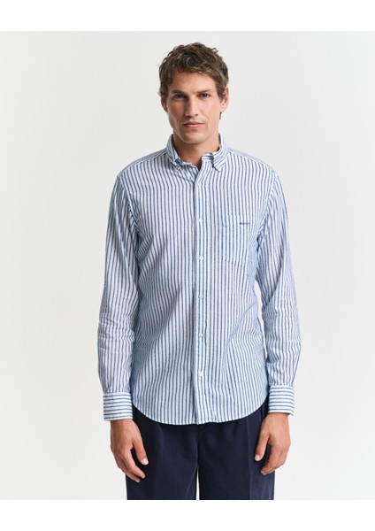 Erkek Lacivert Regular Fit Düğmeli Yaka Çizgili Gömlek 3250029.407