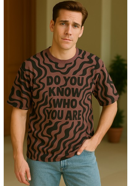 Erkek Oversize Baskili T-Shirt American Brown
