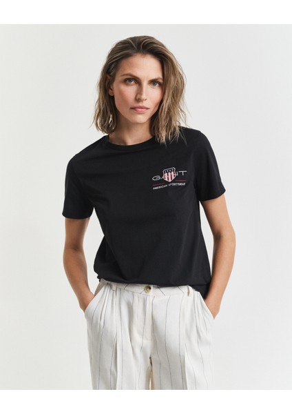 Kadın Siyah Regular Fit Bisiklet Yaka Logolu T-Shirt 4200277.5