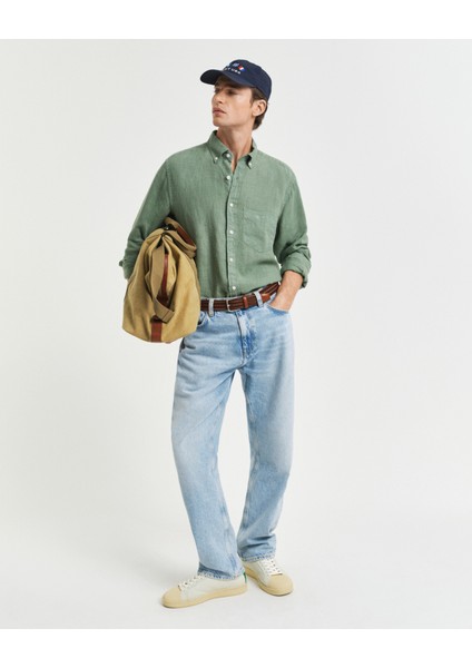 Erkek Yeşil Regular Fit Düğmeli Yaka Keten Gömlek 3240120.362 fırsatları