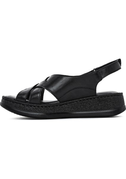 Kadın Siyah Kalın Tabanlı Deri Comfort Sandalet 25SFD321518