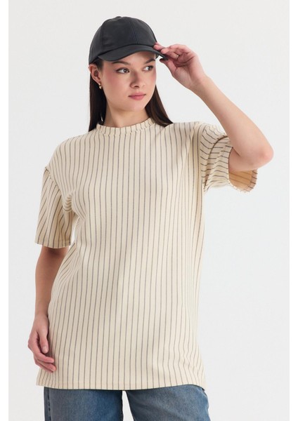 Bej Çizgili Oversize Tişört 4447A