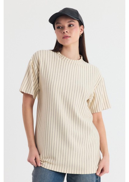 Bej Çizgili Oversize Tişört 4447A modelleri